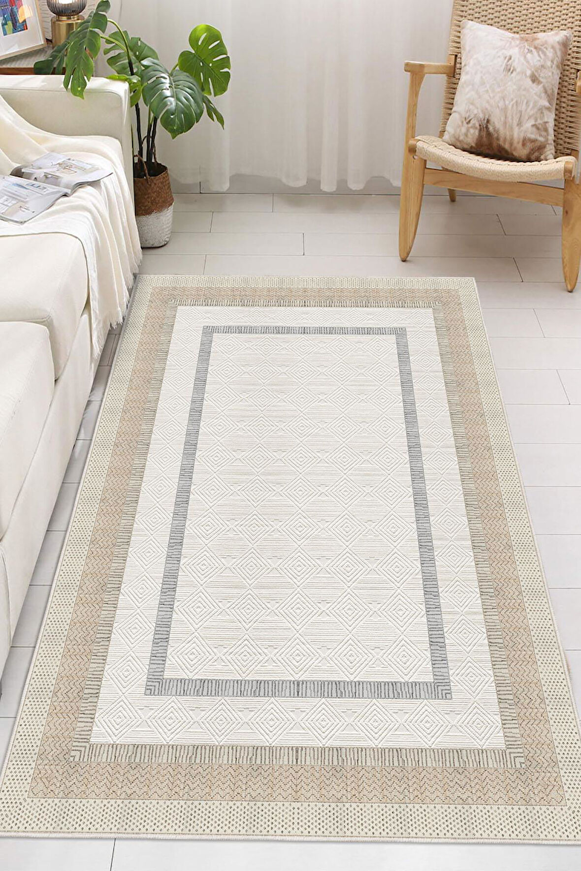 Çerçeve Desenli Dekoratif Kaymaz Taban Yıkanabilir Halı Salon Halısı