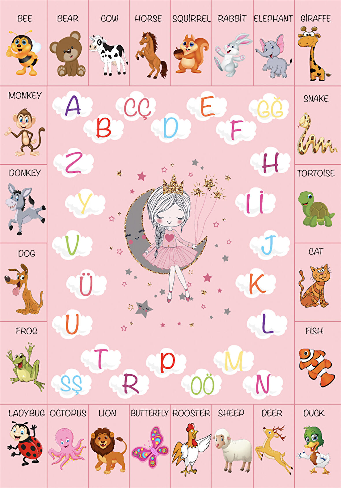 Dijital Baskılı Dekoratif Kaymaz Taban Yıkanabilir Alfabe Temalı Eğitici ve Öğretici Çocuk Halısı