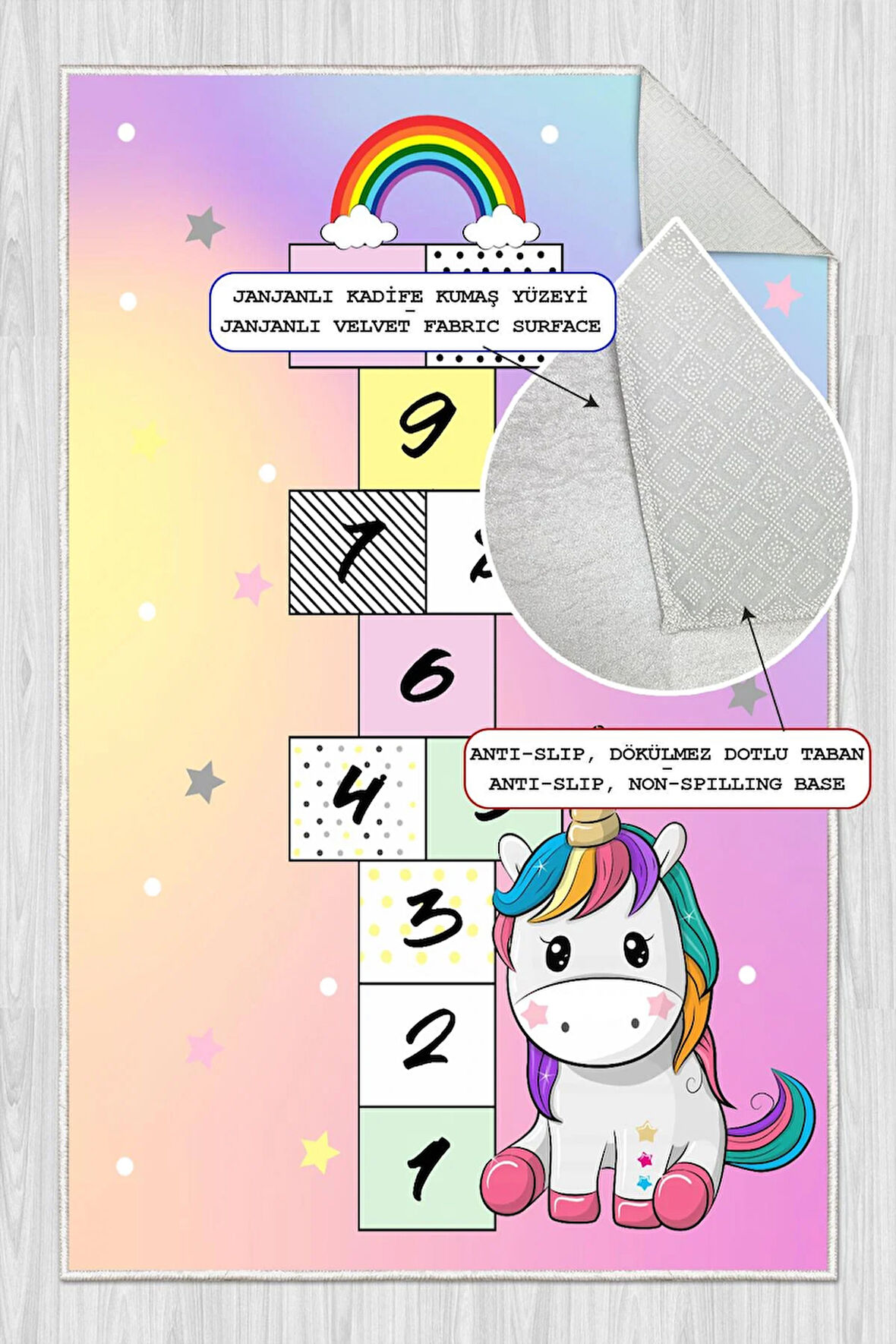 Dijital Baskılı Dekoratif Kaymaz Taban Yıkanabilir Unicorn Temalı Seksek Çocuk Halısı