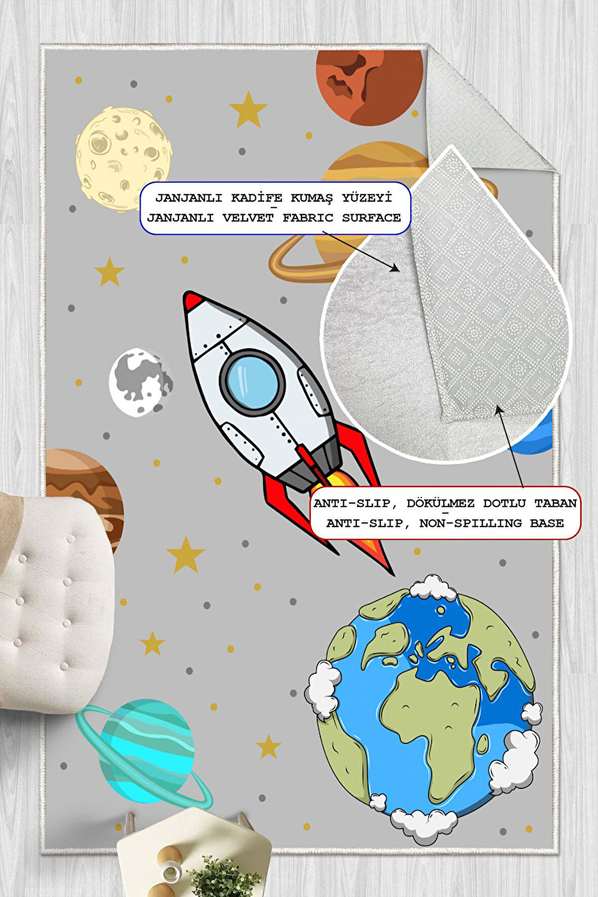 Dijital Baskılı Dekoratif Kaymaz Taban Yıkanabilir Gezegenler Temalı Modern Çocuk Halısı