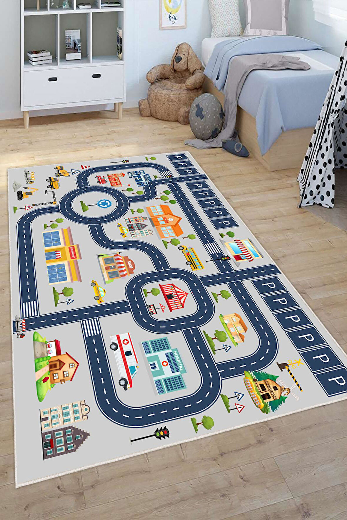 Dijital Baskılı Dekoratif Kaymaz Taban Yıkanabilir Trafik Parkı Temalı Modern Çocuk Halısı