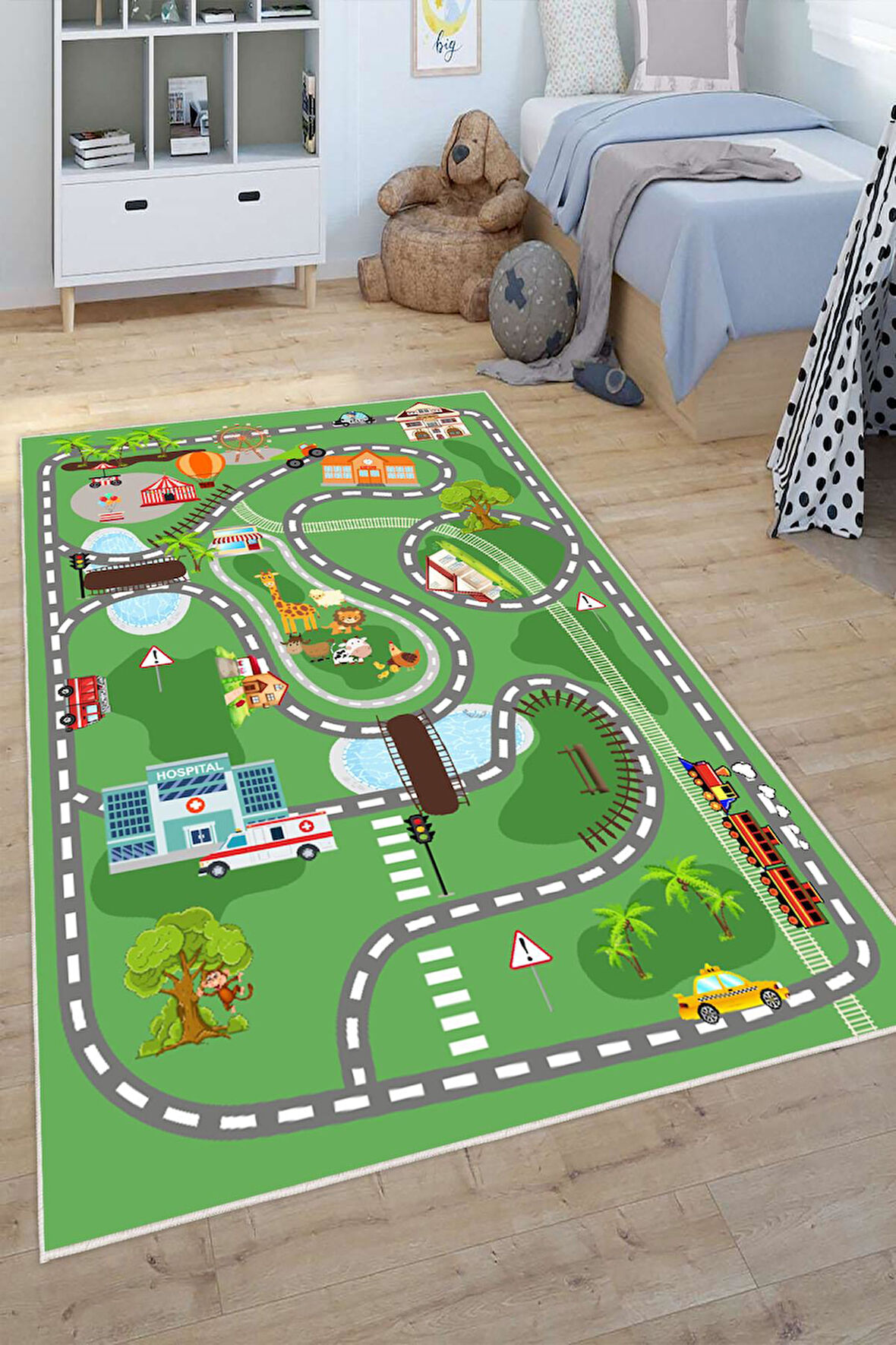 Dijital Baskılı Dekoratif Kaymaz Taban Yıkanabilir Trafik Parkı Temalı Modern Çocuk Halısı