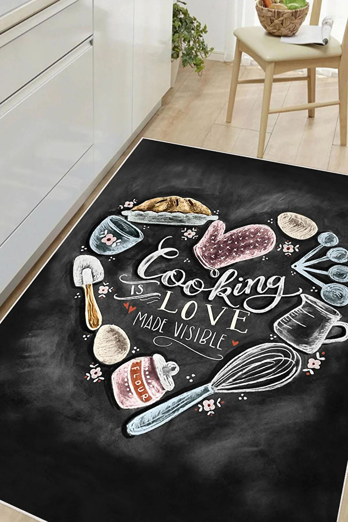 Dijital Baskılı Dekoratif Kaymaz Taban Yıkanabilir Cooking Love Halı Mutfak Halısı Yolluk Salon Halısı