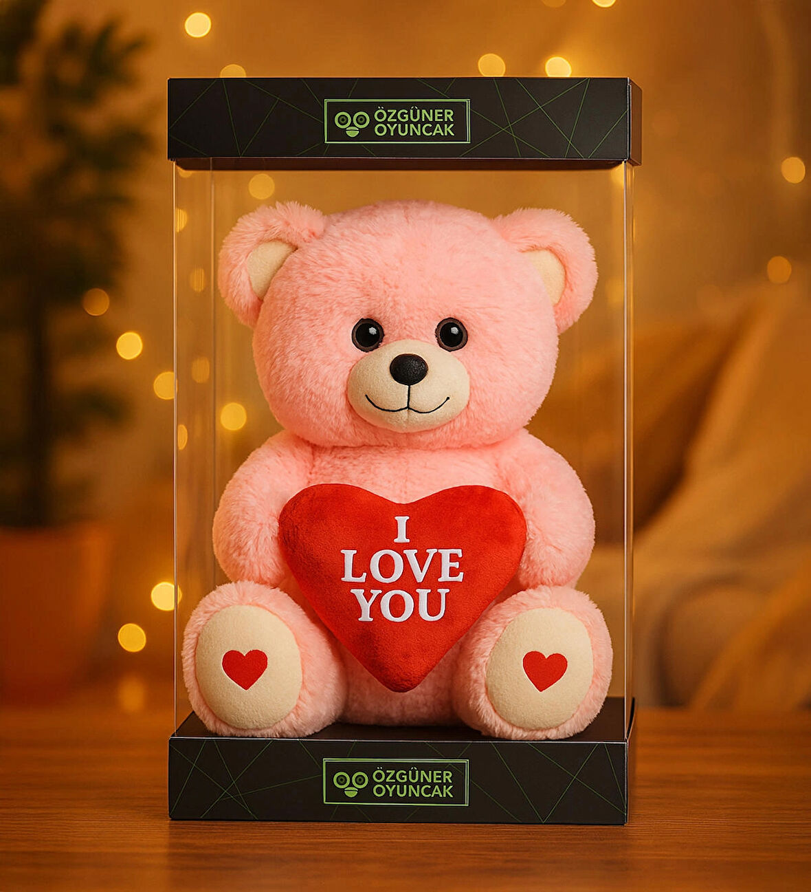 Özel Premium Kutu İçerisinde Sevgiliye Özel Kalpli (I LOVE YOU) Yazılı Sevimli Peluş Ayıcık