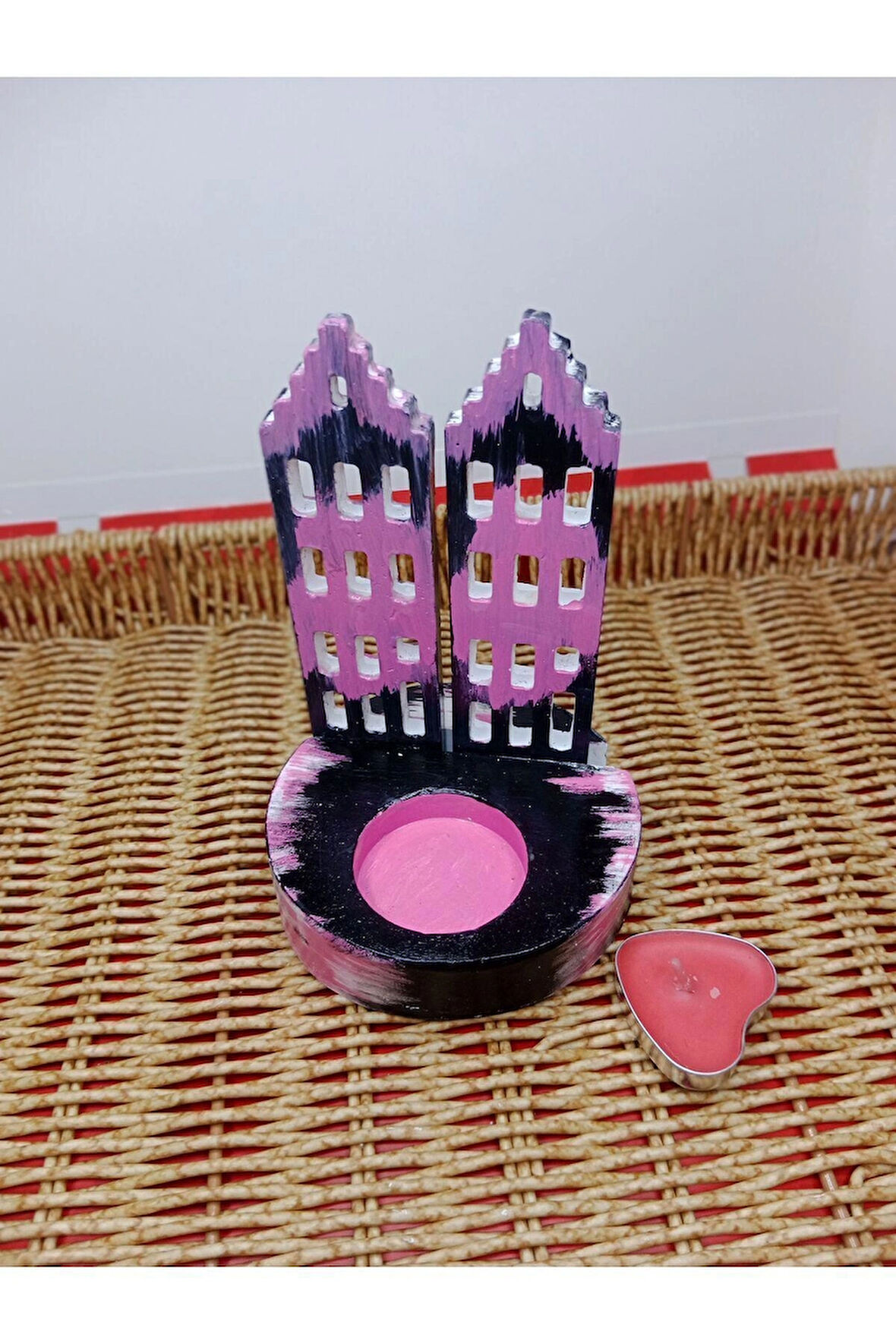 Pembe Siyah Ev Görünümlü Mumluk Dekoratif Obje