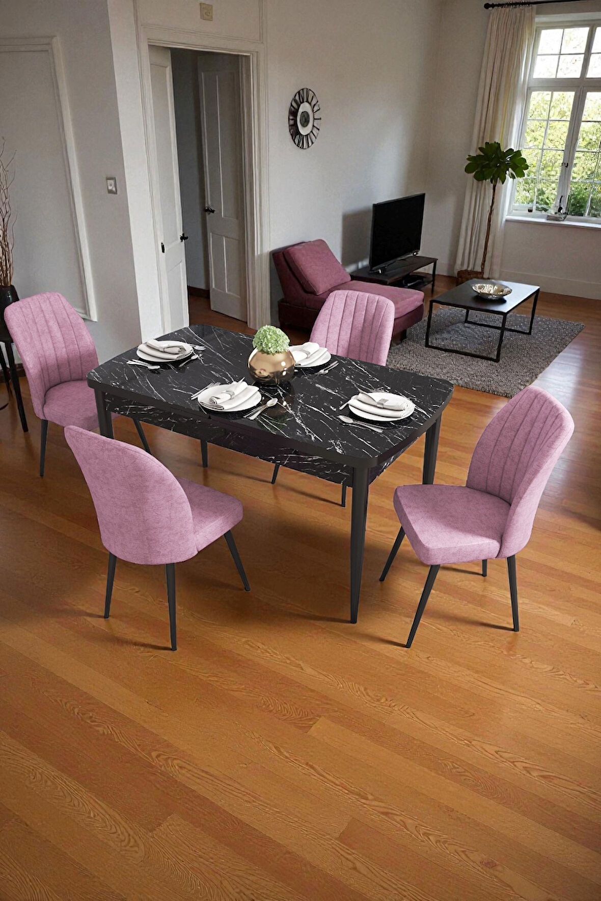 Bara Siyah Mermer 80X132 Açılabilir Sunta Masa Yemek Odası Takımı, Mutfak Takımı 4 Adet Sandalye