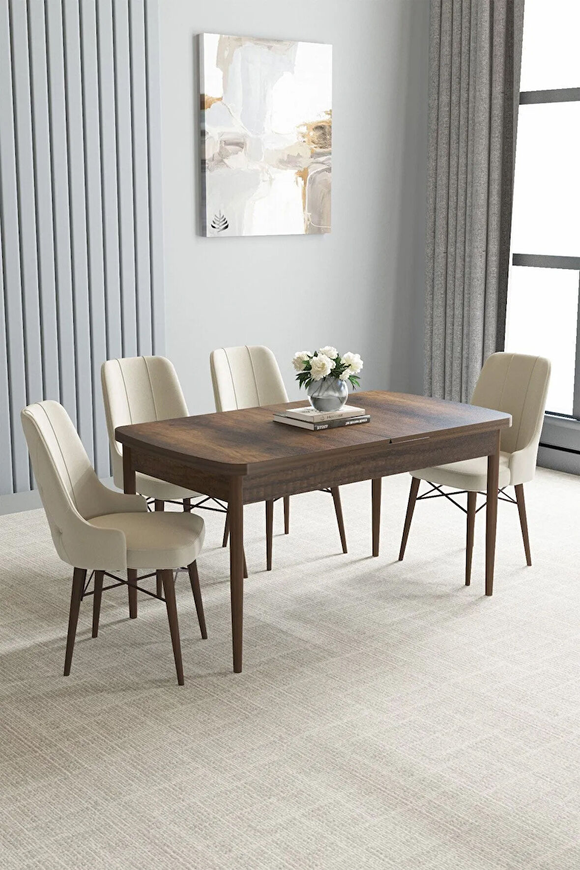 Jusie Barok Desen 80x132 Açılabilir Mutfak Masası Takımı 4  Sandalye