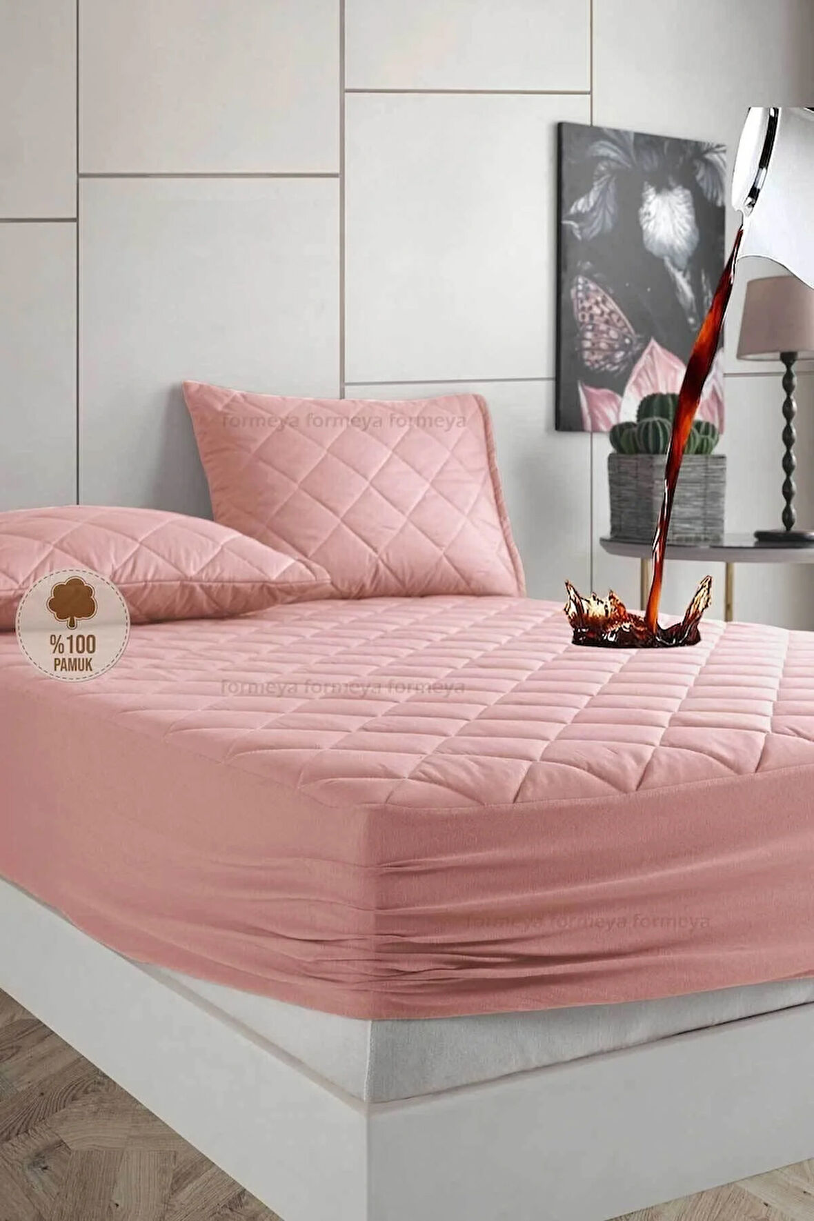 Formeya Alez Set Pudra % 100 Pamuk Kapitone Sıvı Geçirmez Alez Ve Yastık Koruyucu Set