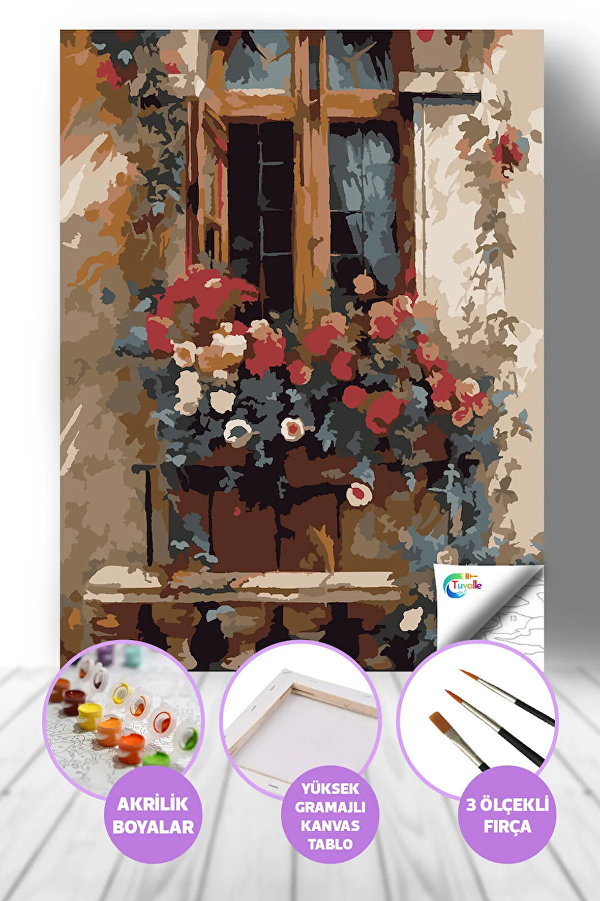 Pencere Bahçesi Sayılarla Boyama Seti, Hobi Seti, 40X50 Tablo, Fırça Boya, Numaralı Tuval