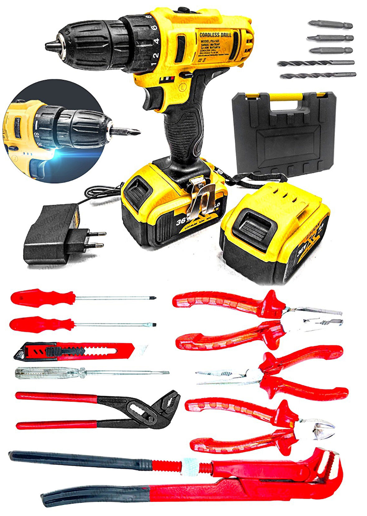 MOONSHOP 36 Matkap Watt Çift Batarya Maşalı Anahtar Fort Pense Tornavida Takımı 3 Lü Pense set..