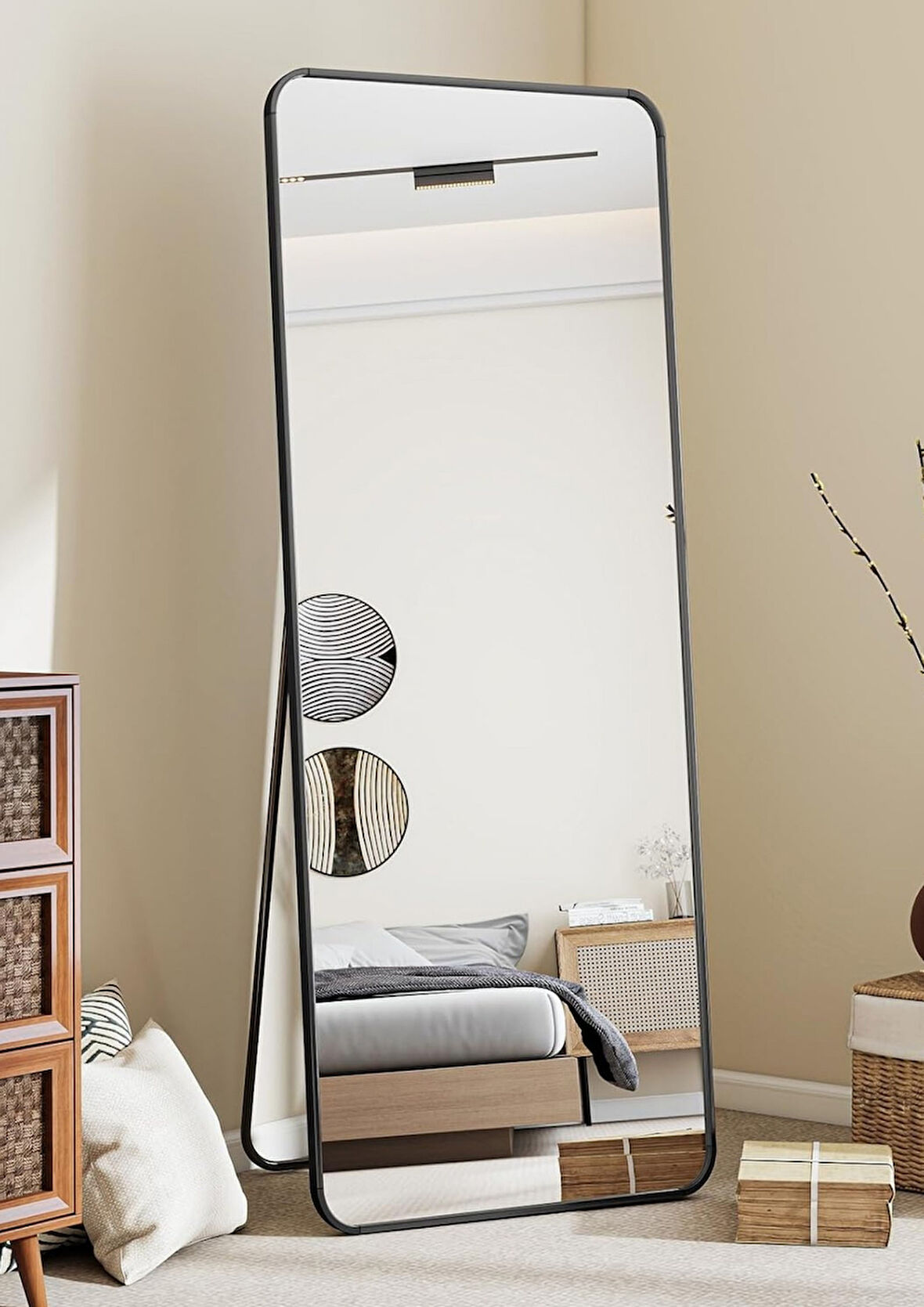 Pera 140x55 Yuvarlak Köşeli Yer Aynası Ayaklı, Asılı, Duvara Yaslı, Yatak Odası, Giyinme Odası