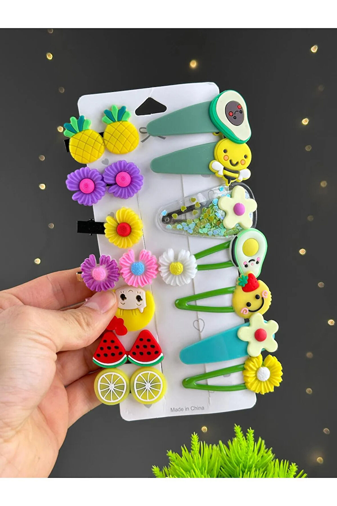 Yeşil Meyve Tema 14 Lü Set Çocuk Saç Tokası Seti Çoklu Figürlü Toka Set