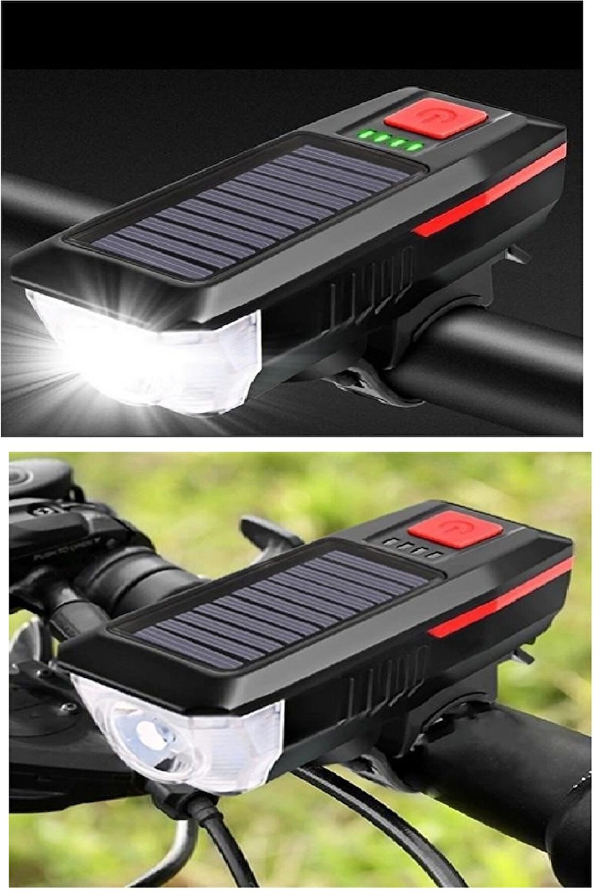 Solar Ledli Bisiklet Feneri Kornalı Usb Ile Şarj Edilebilir Su Geçirmez Far