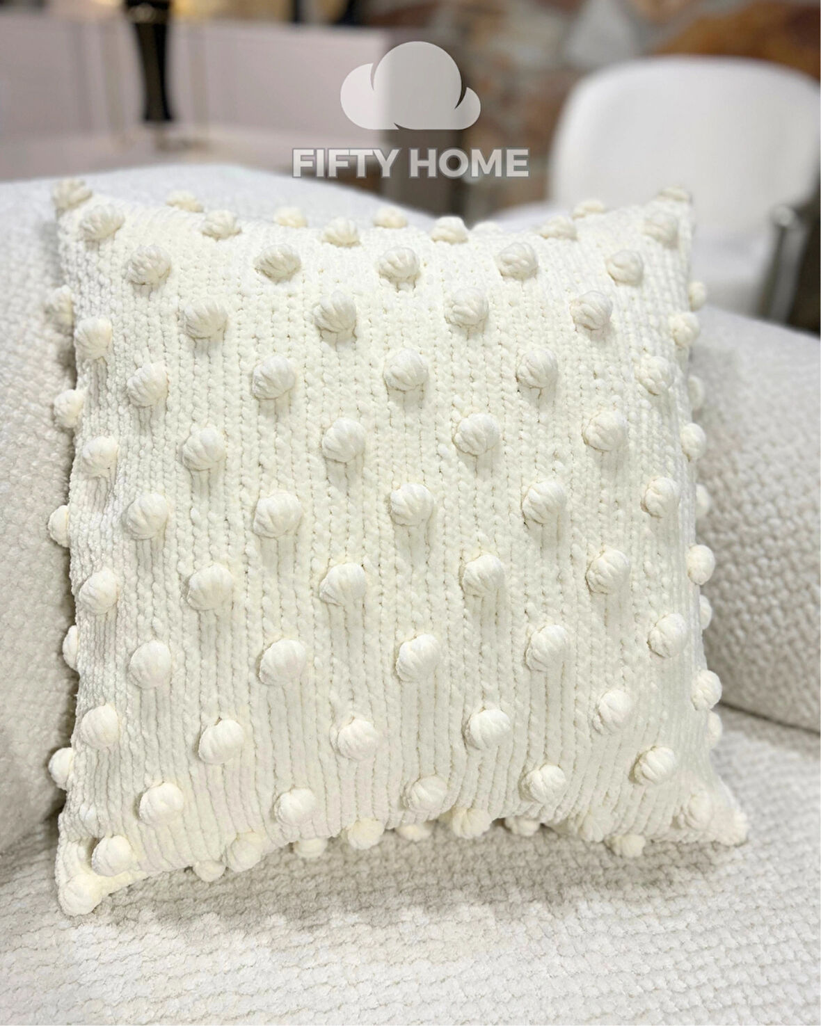 1 adet Puffy Peluş Kırlent kılıfı Krem Rengi 43x43 Cm El Örgüsü Kılıf 