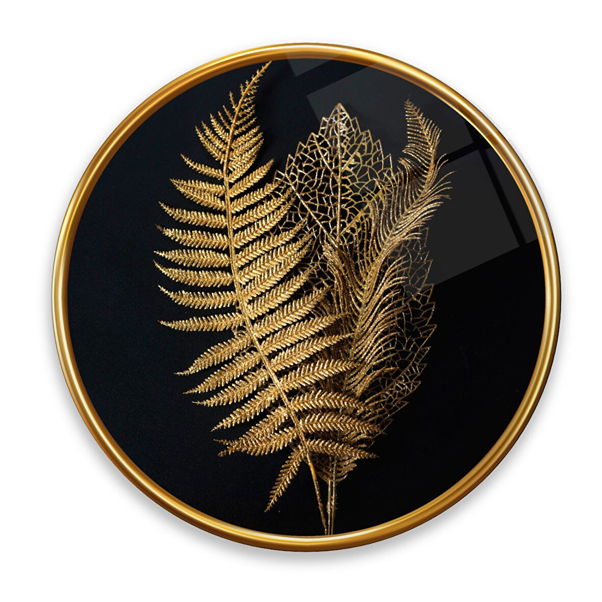 Gold Yapraklar Yuvarlak Cam Tablo | Hediyelik, Dekoratif, Ofis, Mutfak 