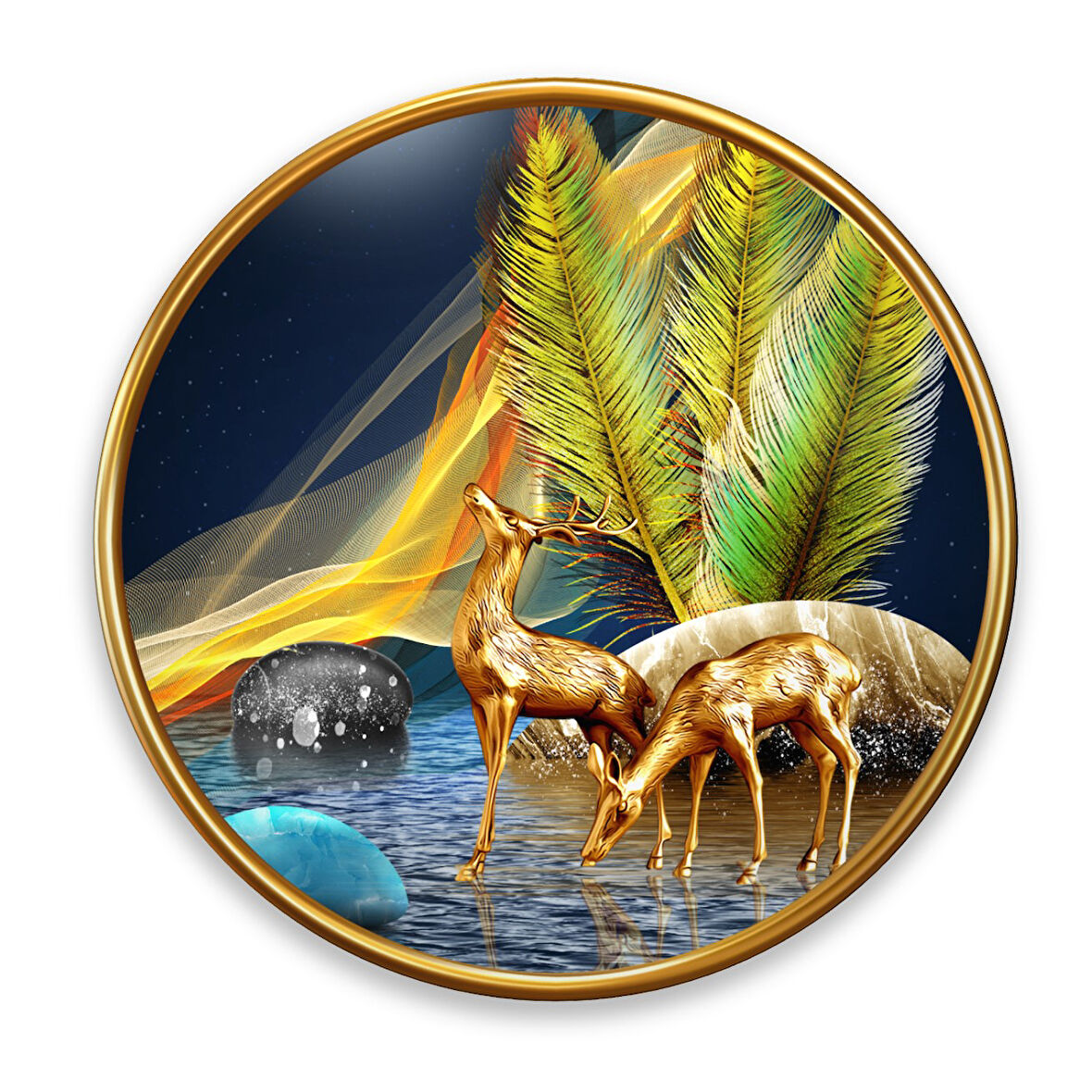 Gold Geyikler Yuvarlak Cam Tablo | Hediyelik, Dekoratif, Ofis, Mutfak 