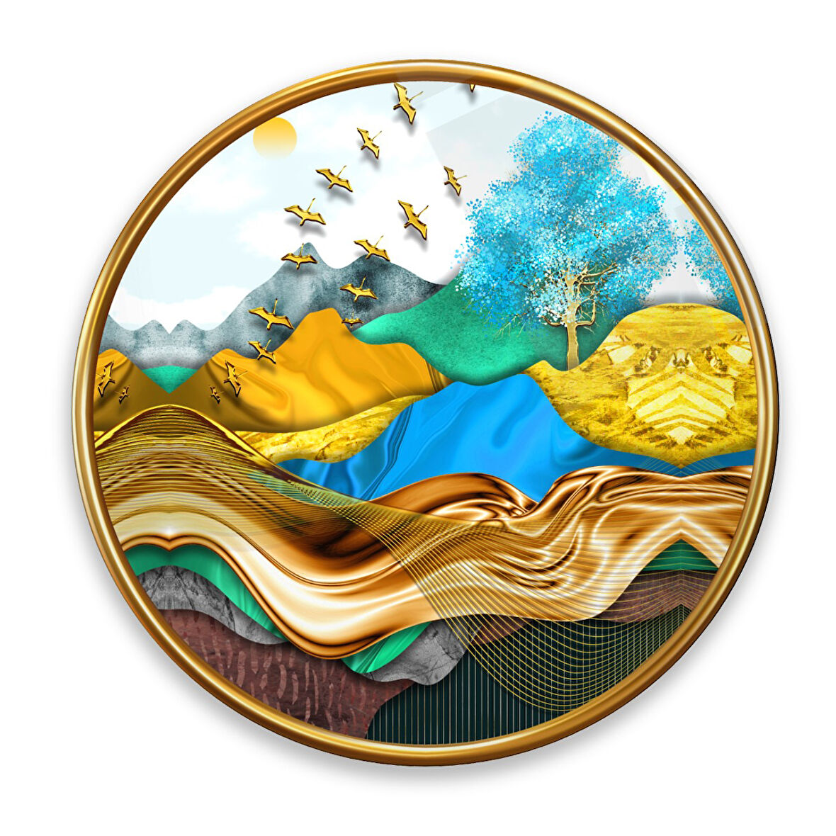 Gold Desenler Yuvarlak Cam Tablo | Hediyelik, Dekoratif, Ofis, Mutfak 