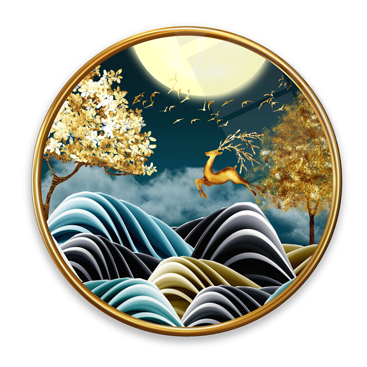 Gold Geyik Yuvarlak Cam Tablo | Hediyelik, Dekoratif, Ofis, Mutfak 
