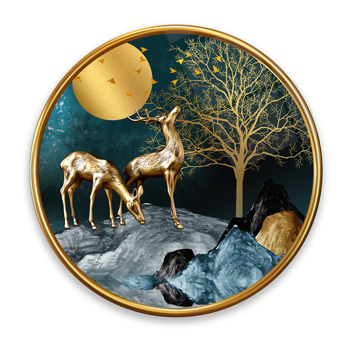 Gold Geyikler Yuvarlak Cam Tablo | Hediyelik, Dekoratif, Ofis, Mutfak 