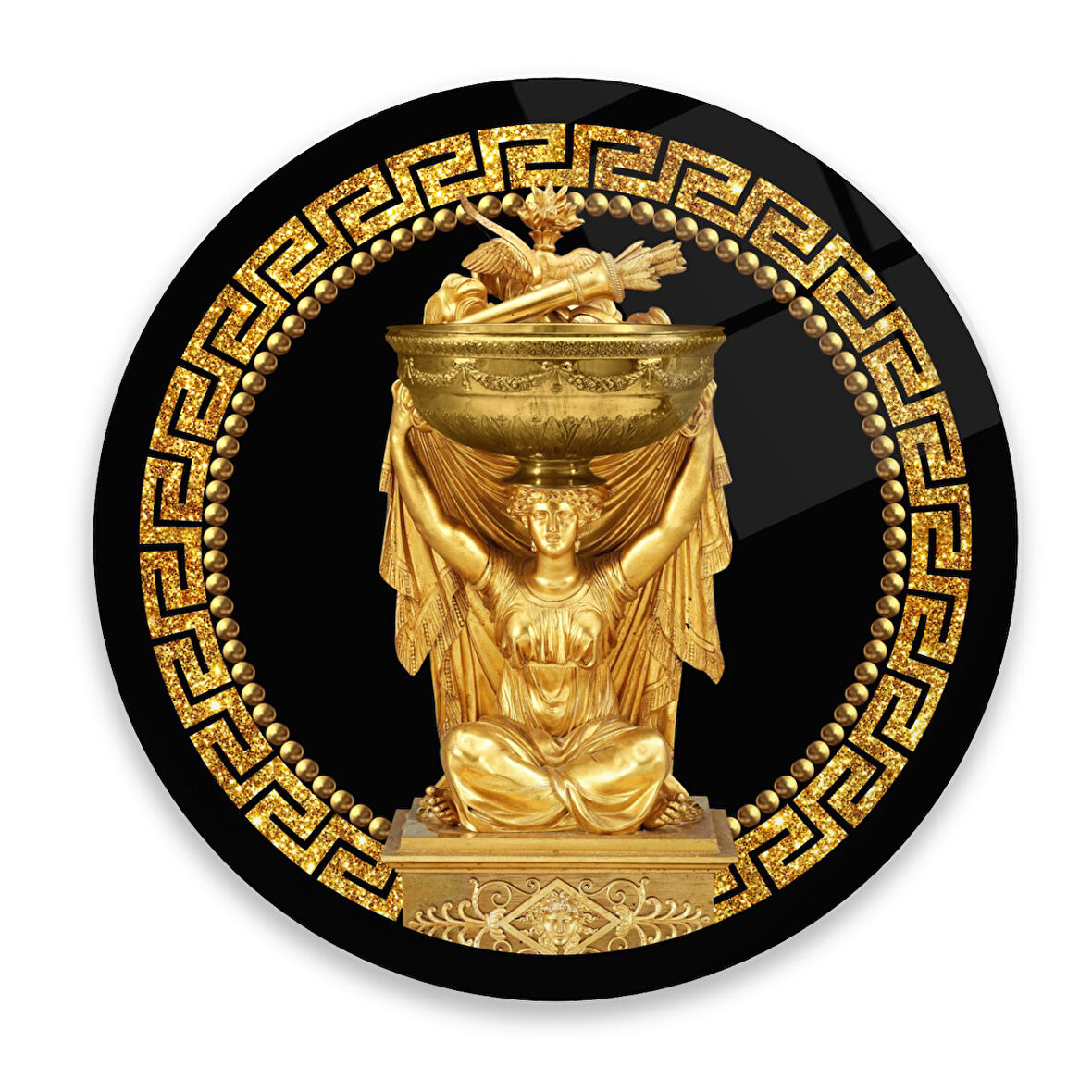 Antik Gold Yuvarlak Cam Tablo | Hediyelik, Dekoratif, Ofis, Mutfak 