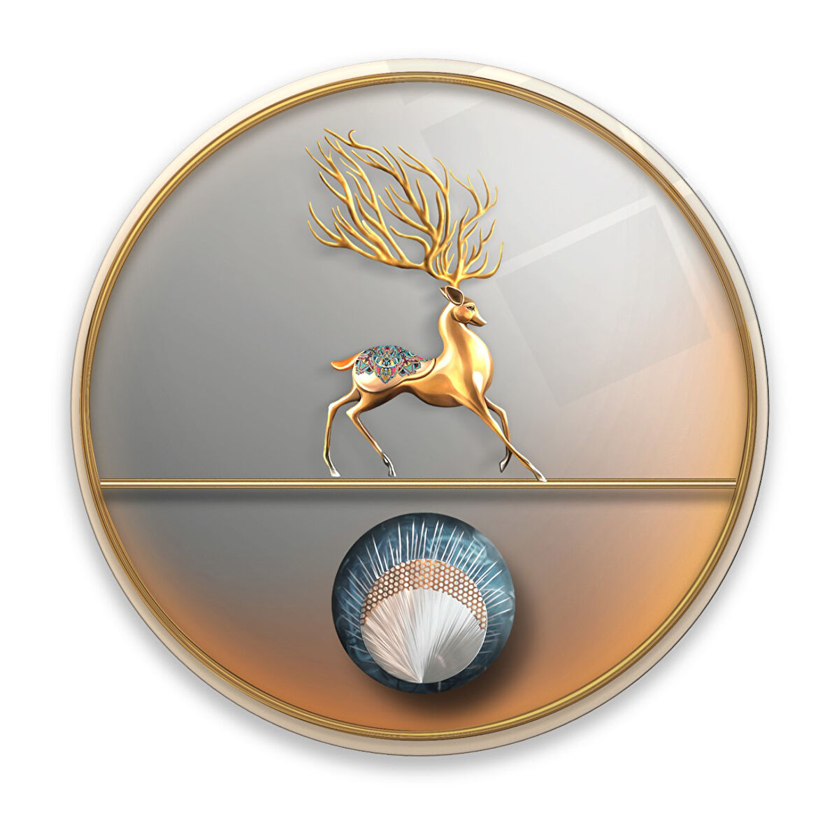 Gold Geyik Yuvarlak Cam Tablo | Hediyelik, Dekoratif, Ofis, Mutfak 