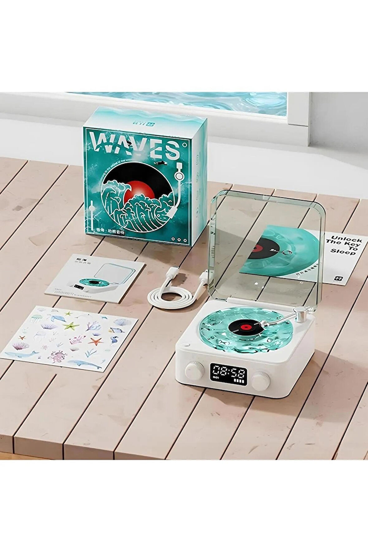 Waves Nostalji Plak Görünümlü Bluetooth Hoparlör 3D Ses Dalgası Retro Müzik Plak mavi