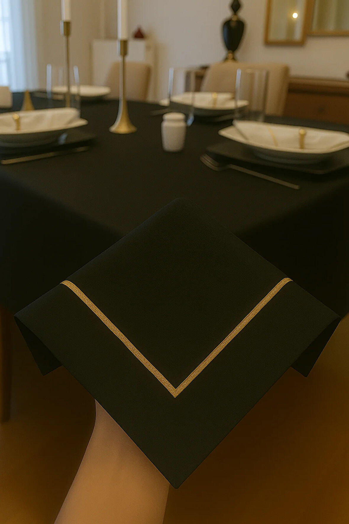 Çeyizlik Piko Sarma Gold Detaylı Dertsiz Masa Örtüsü Simsiz Siyah