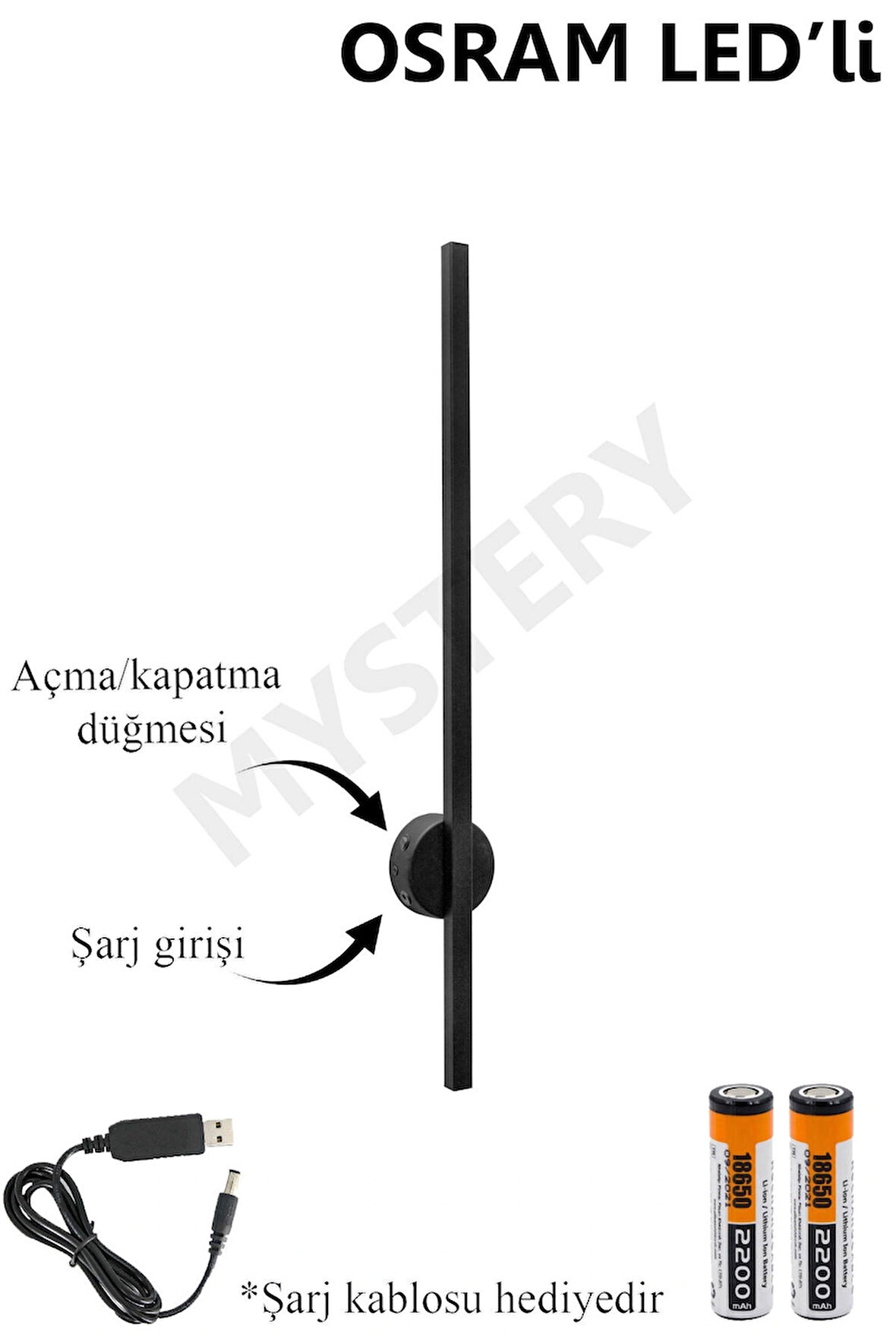 MYSTERY OSRAM LEDLİ ANTRASİT Şarjlı Pilli Aplik Modern Dekoratif Led Duvar Aplik 68cm GÜNIŞIĞI