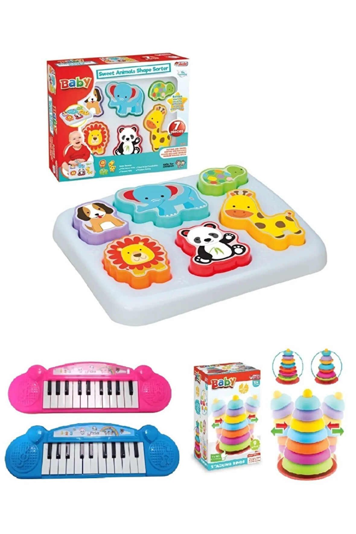Sesli Ilk Piyanom + Sallanan Halkalar Kule + Sevimli Hayvanlar Bultak Eğitici Set !