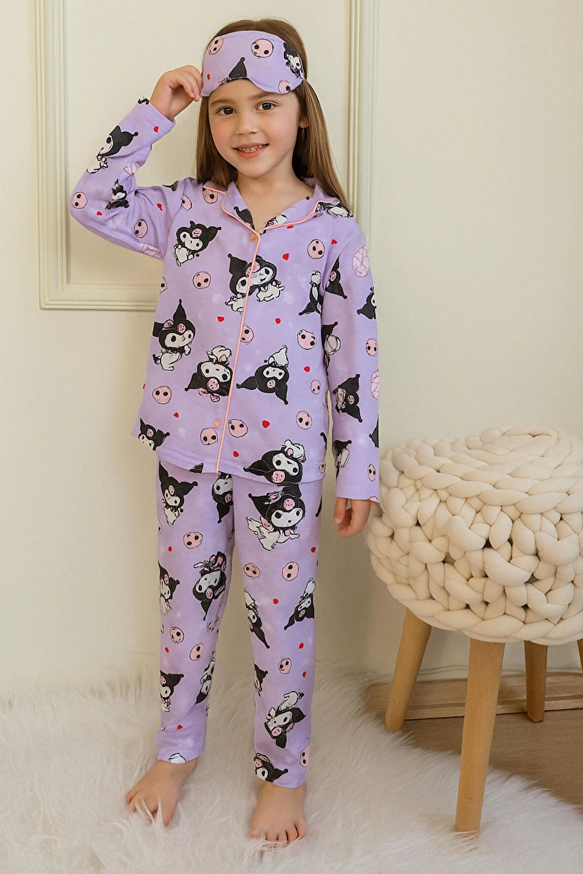 Kuromi Kız Çocuk Gömlek Yaka Düğmeli Uzun Kol Pijama Takımı