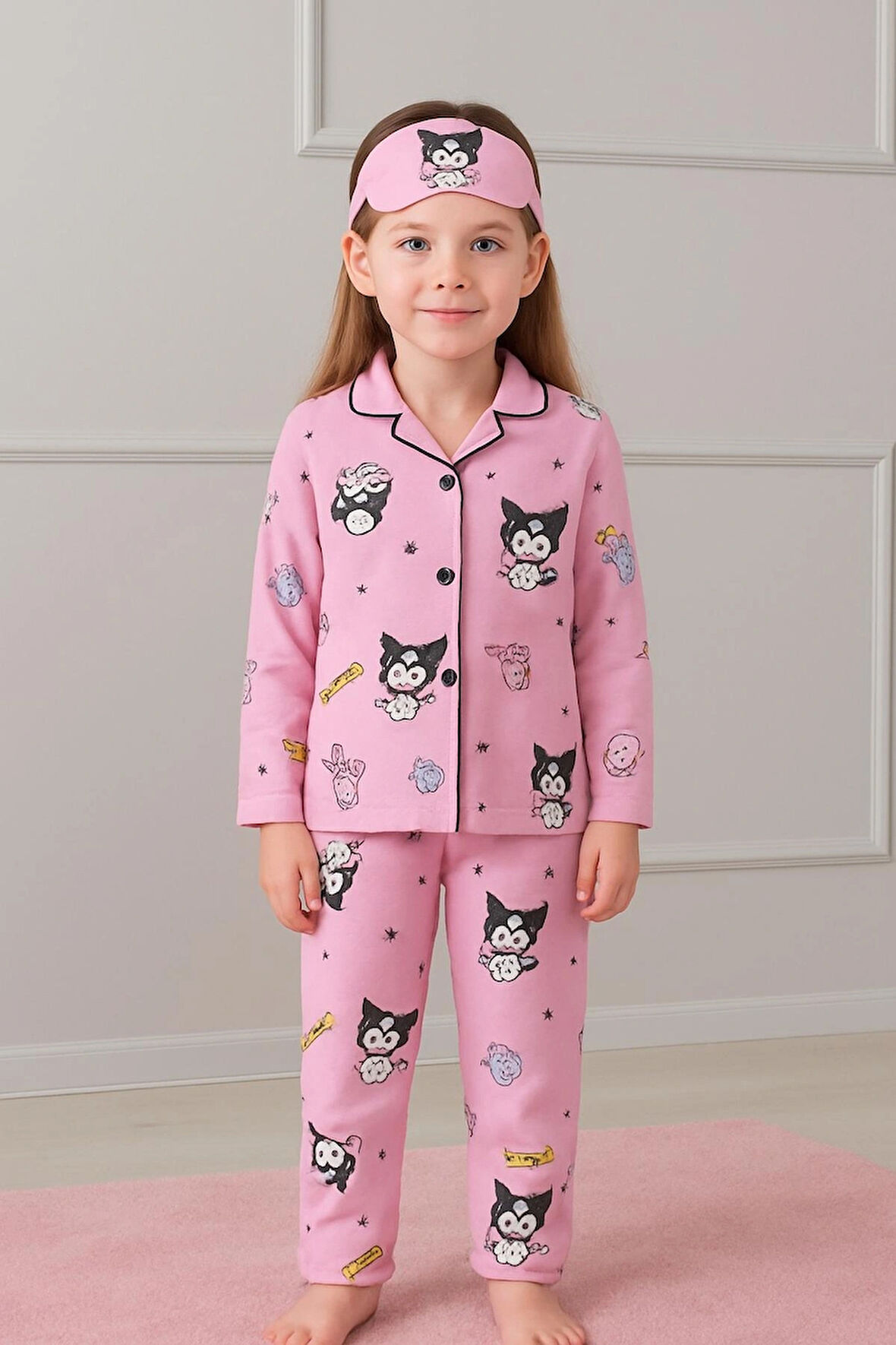 Kız Çocuk Kuromi Desenli Pembe Renki Uyku Bantlı Pijama Takımı