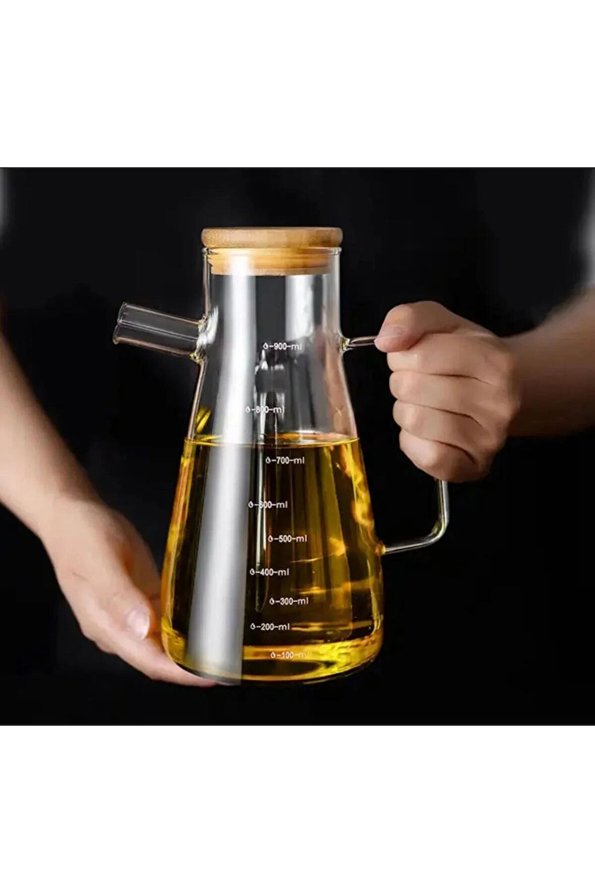 1 Adet 900 ML Bambu Kapaklı Vakumlu Borosilikat Cam Yağlık Sirkelik Borosilikat