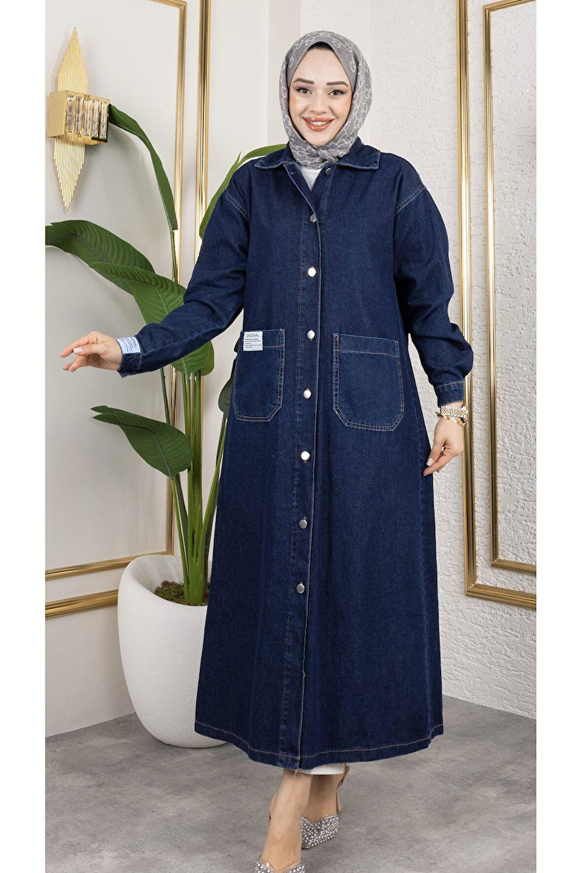 Kadın Düğmeli Uzun Kot Kap