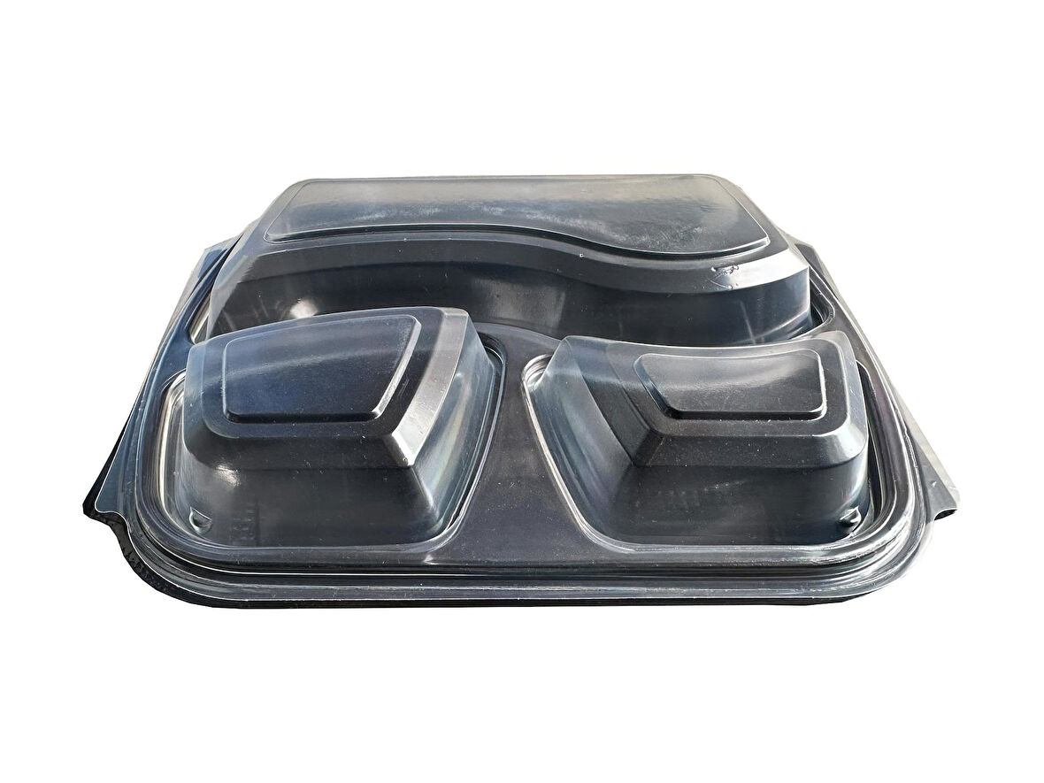 Şeffaf Kapaklı Sıcak Soğuk Isıya Dayanıklı Yemek Salata Kabı - 3 Bölmeli - 21x25 Cm. - 30 Adet