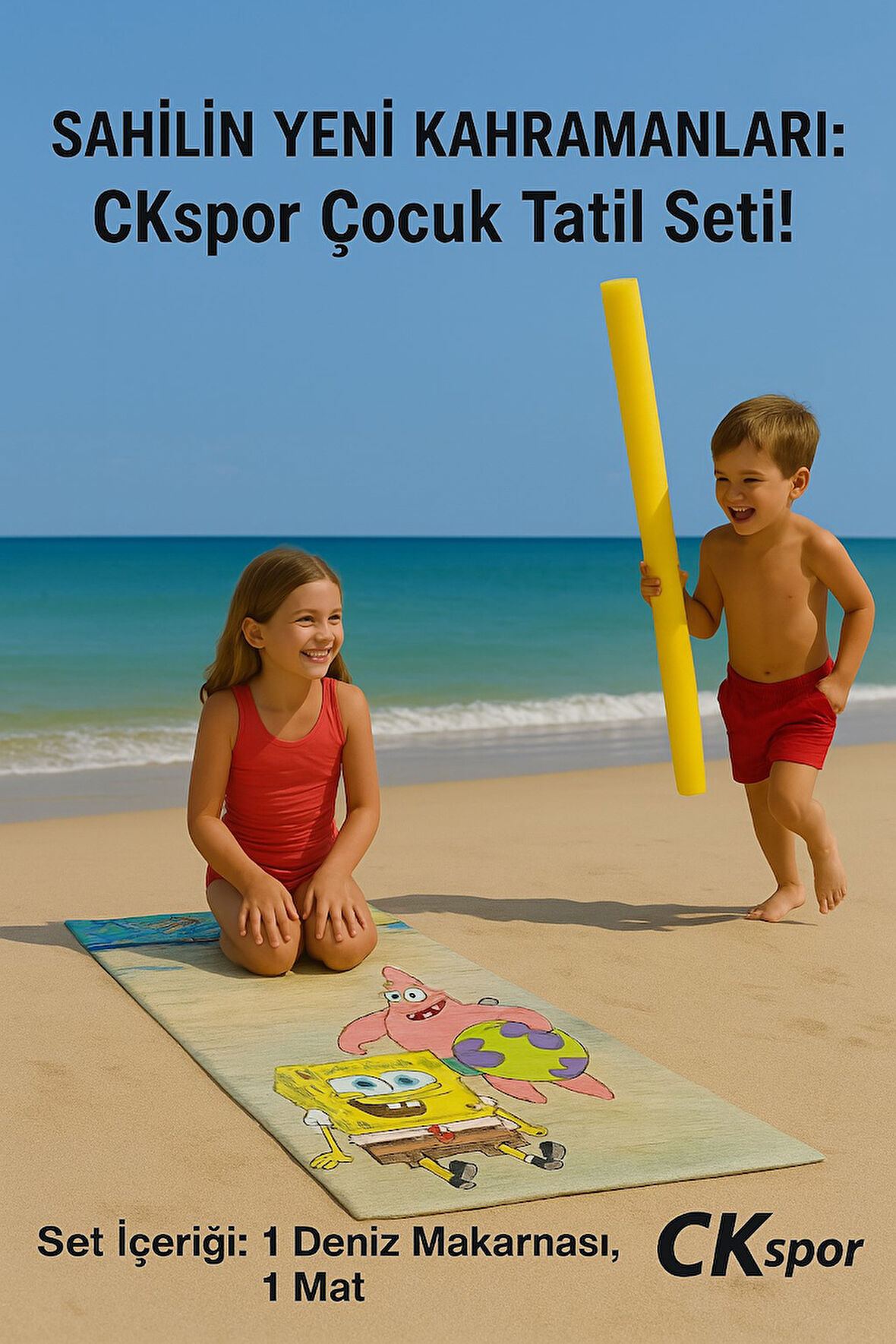 Çocuk Plaj Seti Desenli Çocuk Matı Ve  1 Adet Deniz Makarnası Seti 