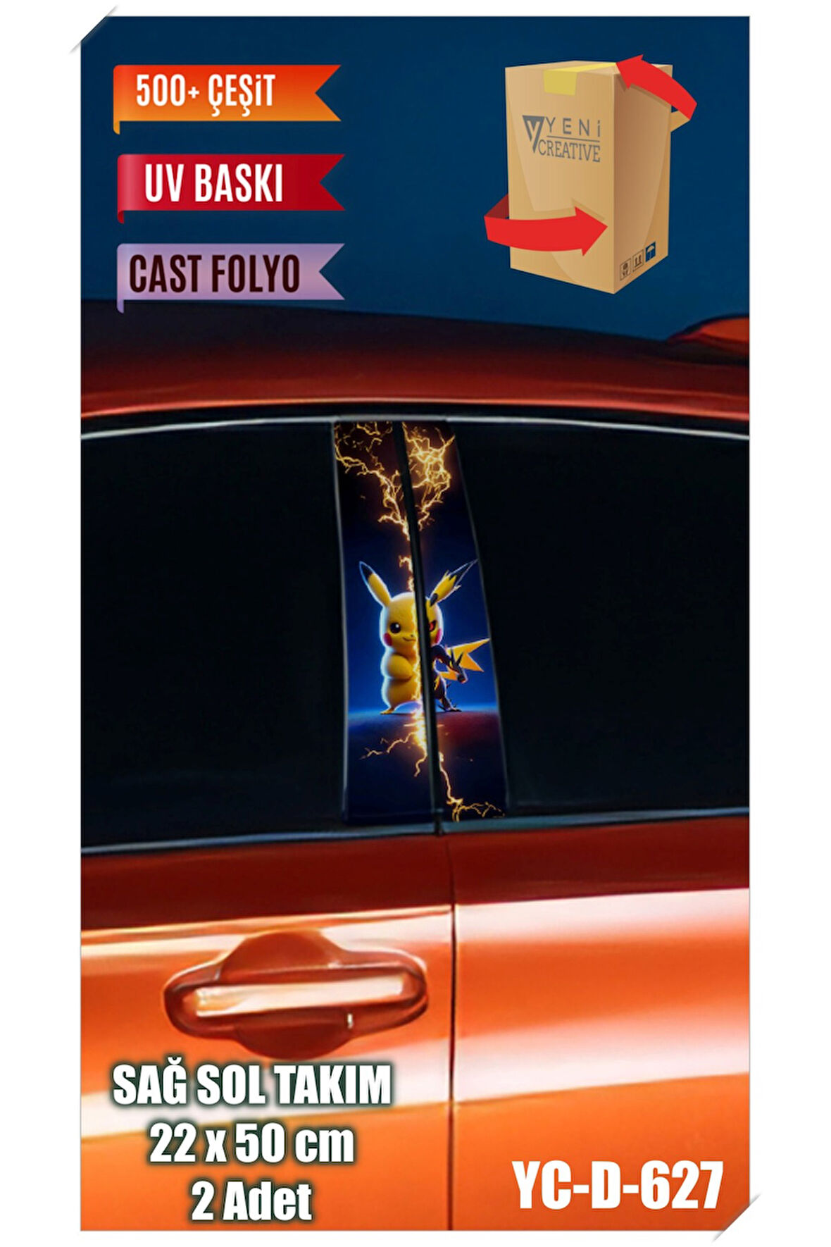 Araç Kapı Direk Kaplama Folyosu Pikachu Desenli (SAĞ SOL TAKIM) (2 ADET) - 22x50 Cm
