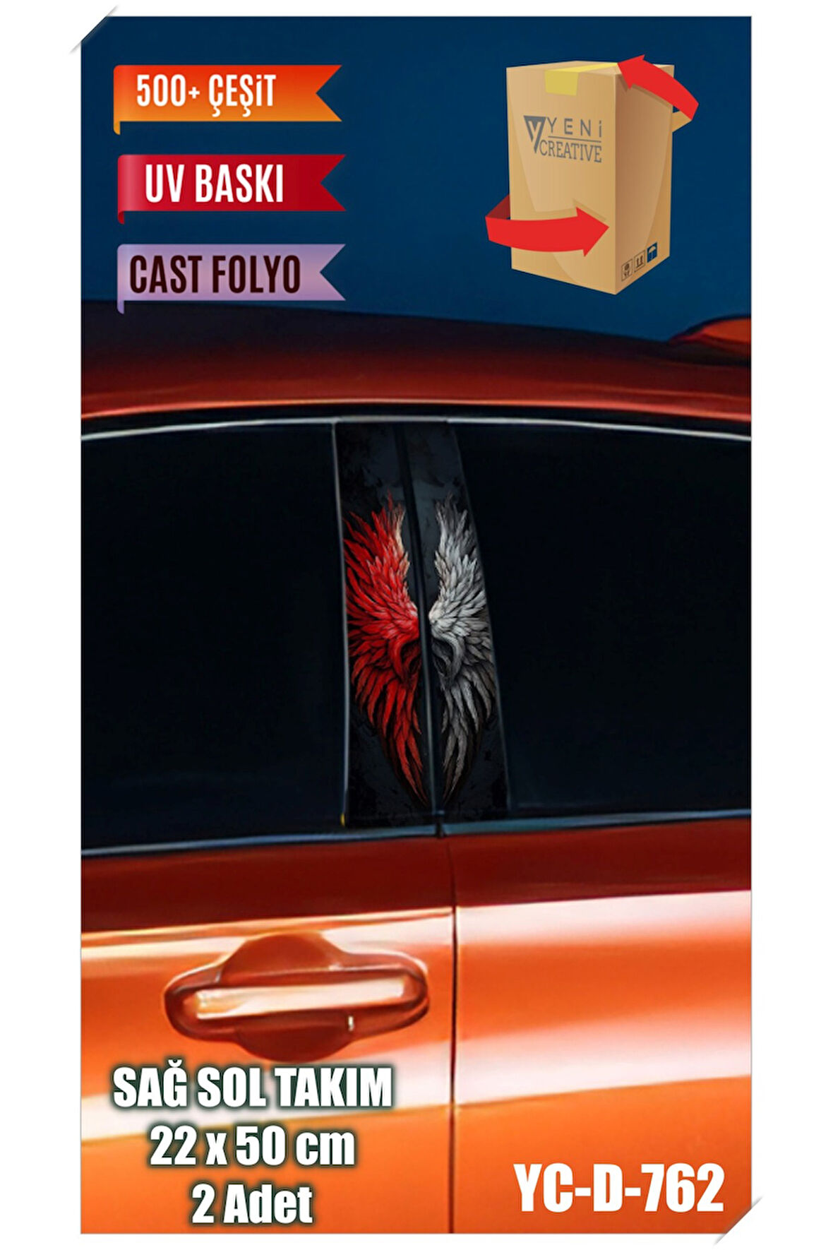 Araç Kapı Direk Kaplama Folyosu Kanat Desenli (SAĞ SOL TAKIM) (2 ADET) - 22x50 Cm