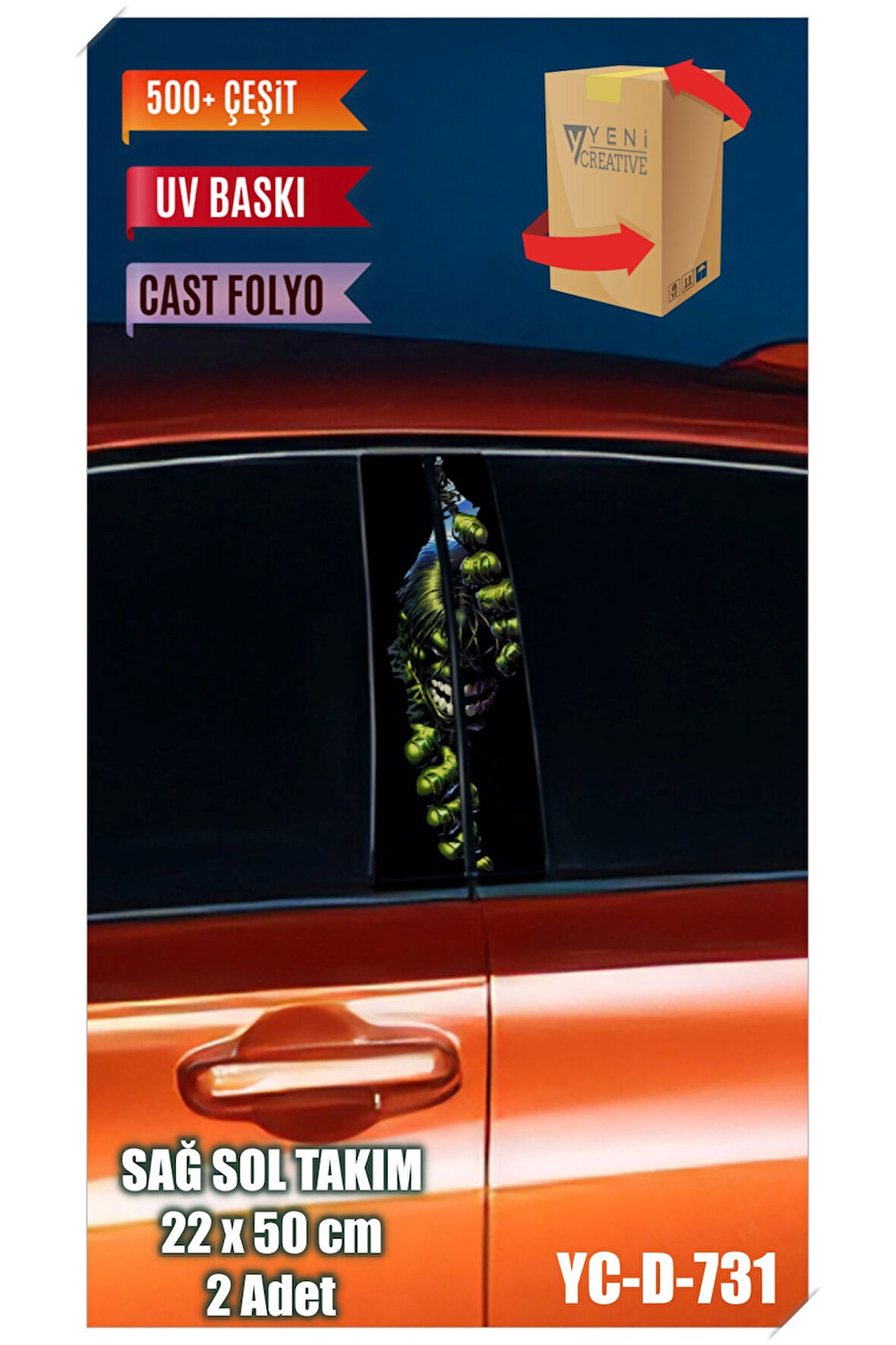 Araç Kapı Direk Kaplama Folyosu Hulk Desenli (SAĞ SOL TAKIM) (2 ADET) - 22x50 Cm