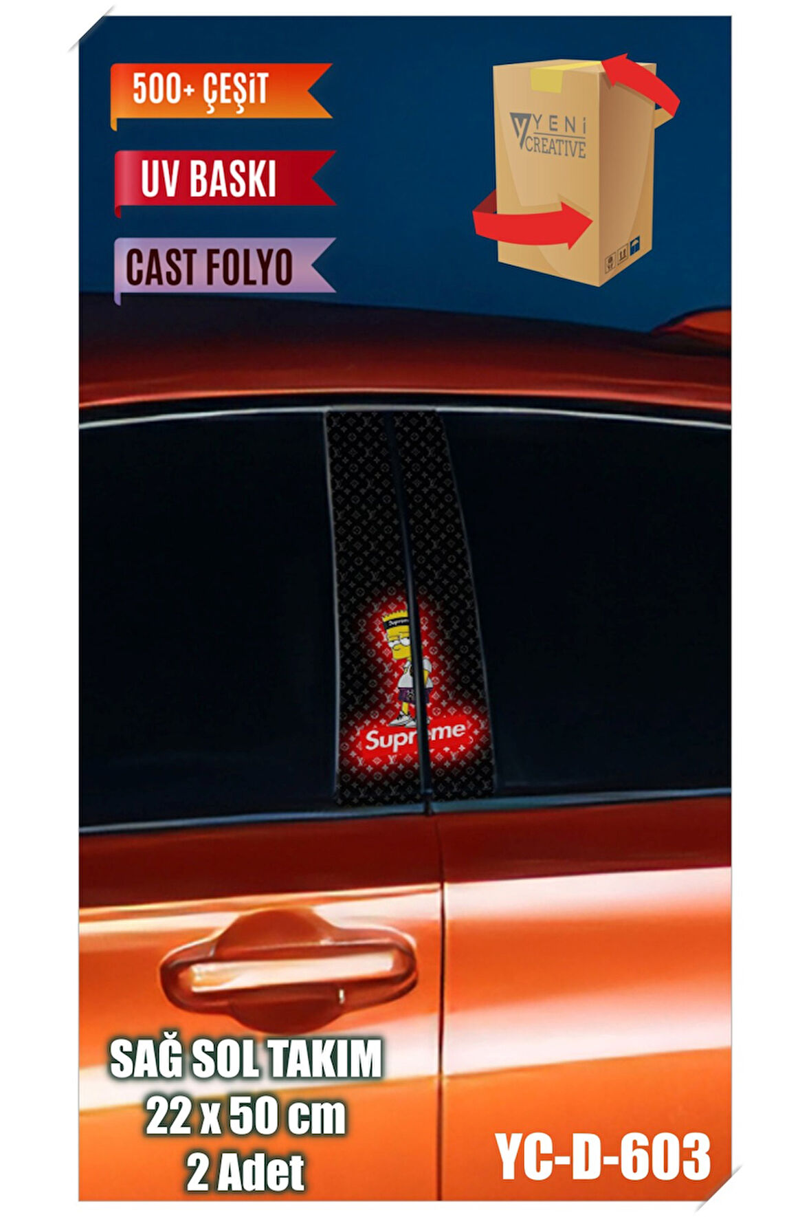 Araç Kapı Direk Kaplama Folyosu Simpson Desenli (SAĞ SOL TAKIM) (2 ADET) - 22x50 Cm