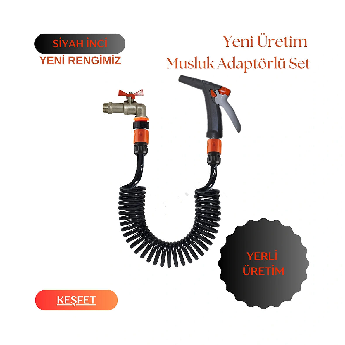 Plasyay Spiral Veranda Balkon Araç Yıkama Bahçe Sulama Musluk Adaptörlü Ve Yeni Tetik Başlıklı Siyah İnci Setler 3.5 Metre