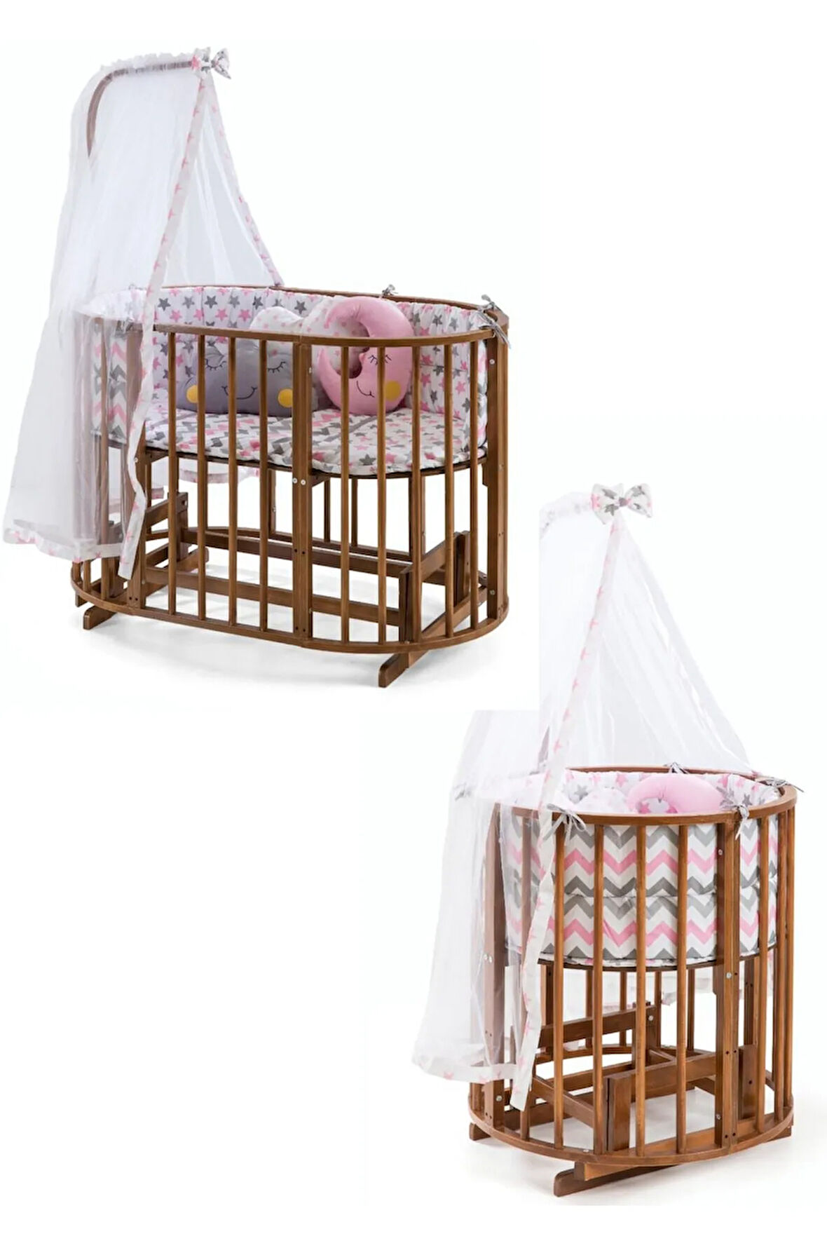 Ahşap Beşik (BEBEĞİNİZ İLE BÜYÜYEN BEŞİK) Doğal(VERNİKLİ) Pembe Yıldız Uyku Seti Yatak Tekerlekli