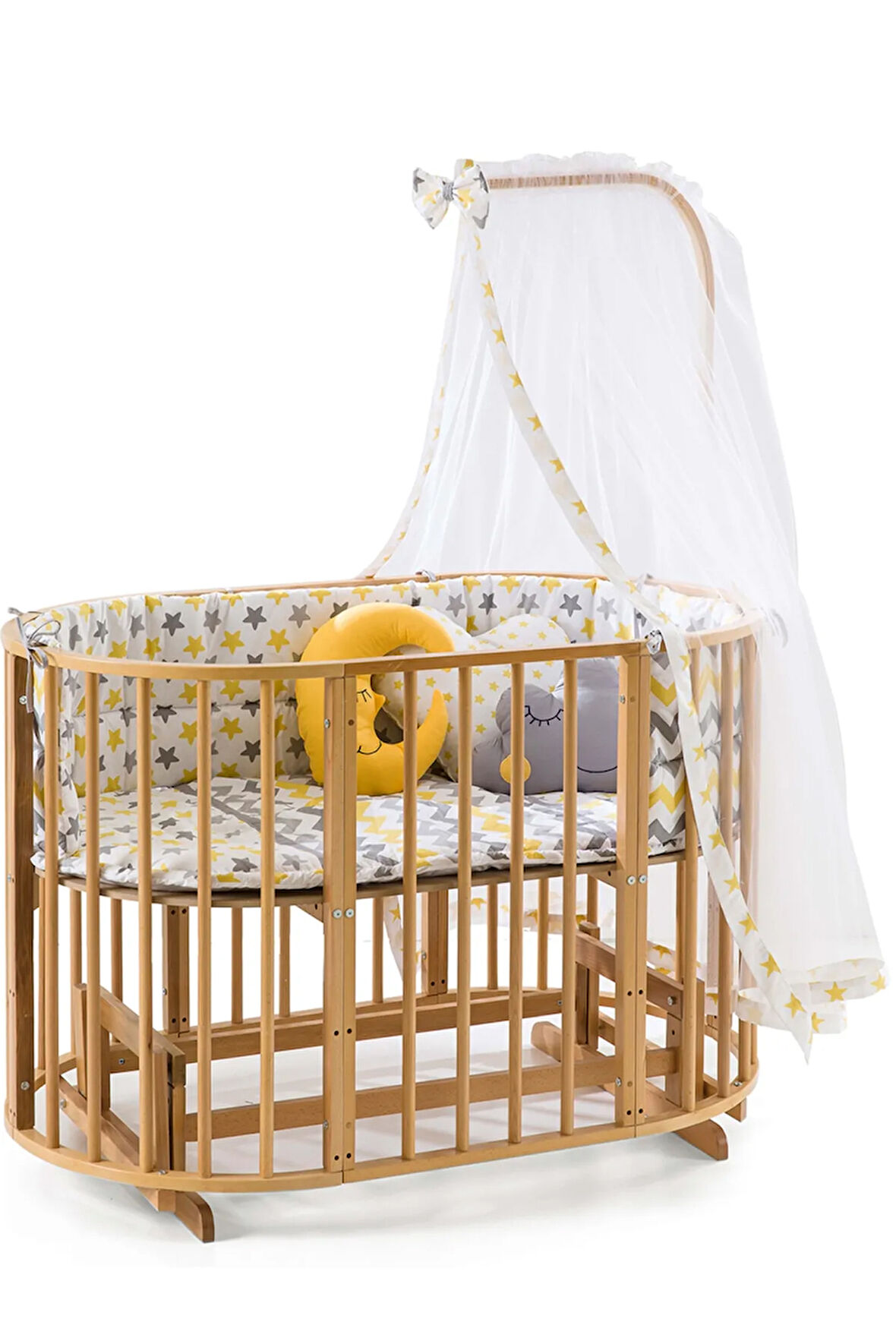 Ahşap Beşik (BEBEĞİNİZ İLE BÜYÜYEN BEŞİK) Doğal(VERNİKLİ) Sarı Yıldız Uyku Seti Yatak Tekerlekli