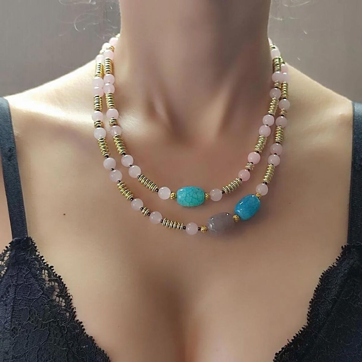 pembe kuvars kolye bileklik, çoklu kolye bileklik, pembe kuvars tasarım kolyeler, doğum günü hediyesi, muhteşem kolye taşlar, değerli taş tasarımlar