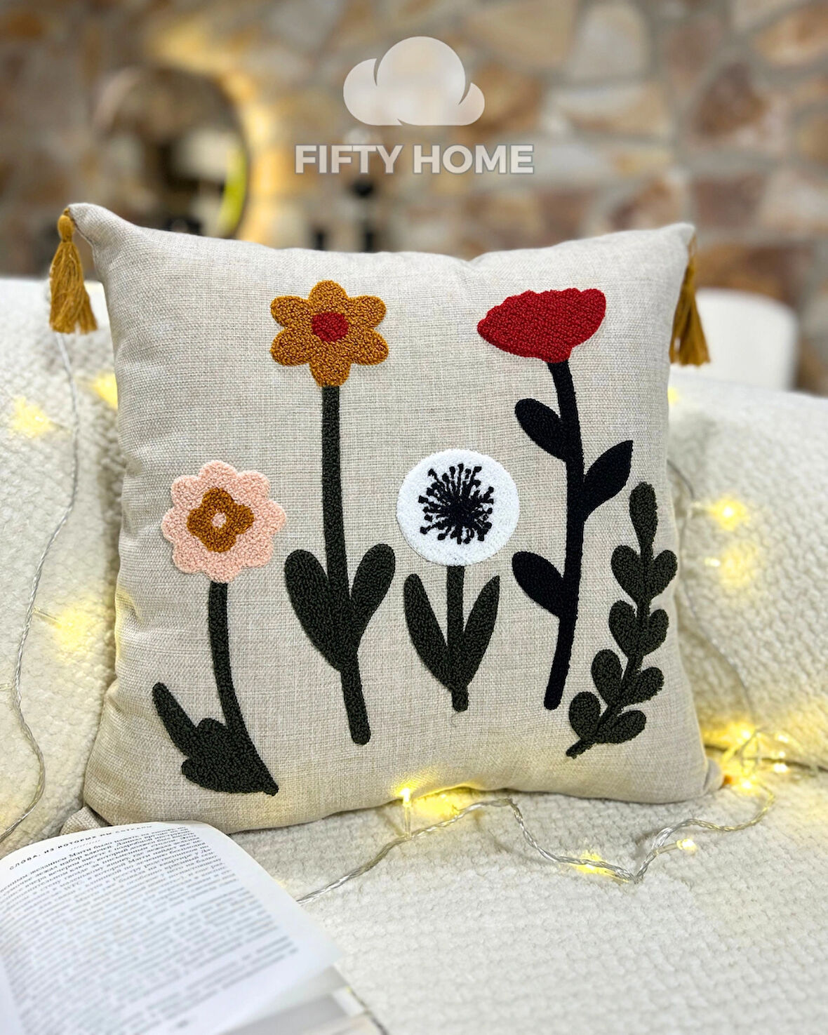 1 adet püsküllü punch kırlent kılıfı 43 x 43 cm yastık kılıfı keten