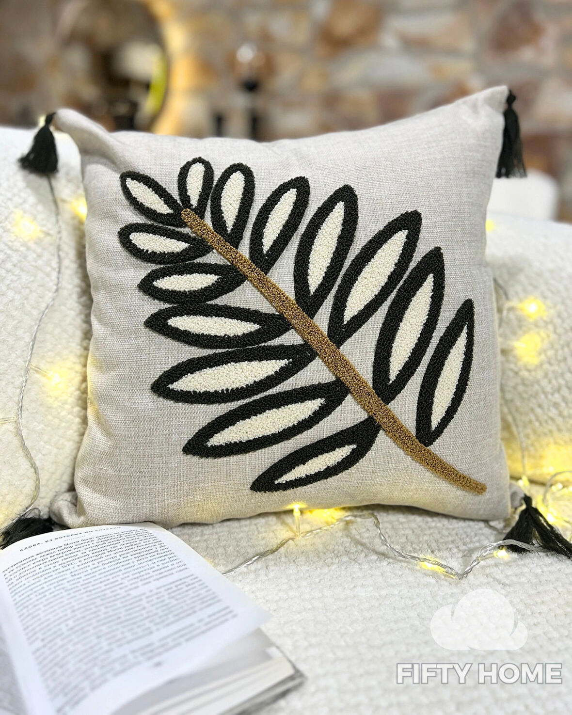 1 adet püsküllü punch kırlent kılıfı 43 x 43 cm yastık kılıfı keten