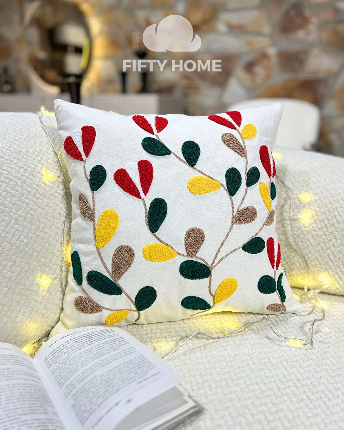 1 adet püsküllü punch kırlent kılıfı 43 x 43 cm yastık kılıfı keten