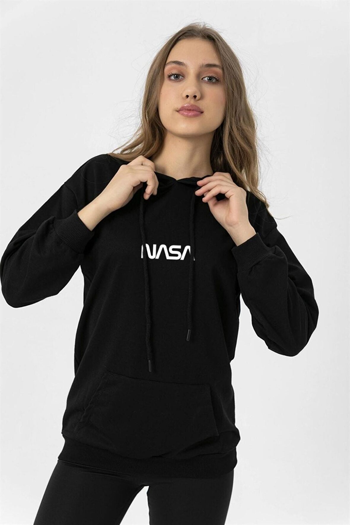 Nasa Baskılı Unisex Şardonlu Kanguru Cepli Kapüşonlu Siyah Sweatshirt