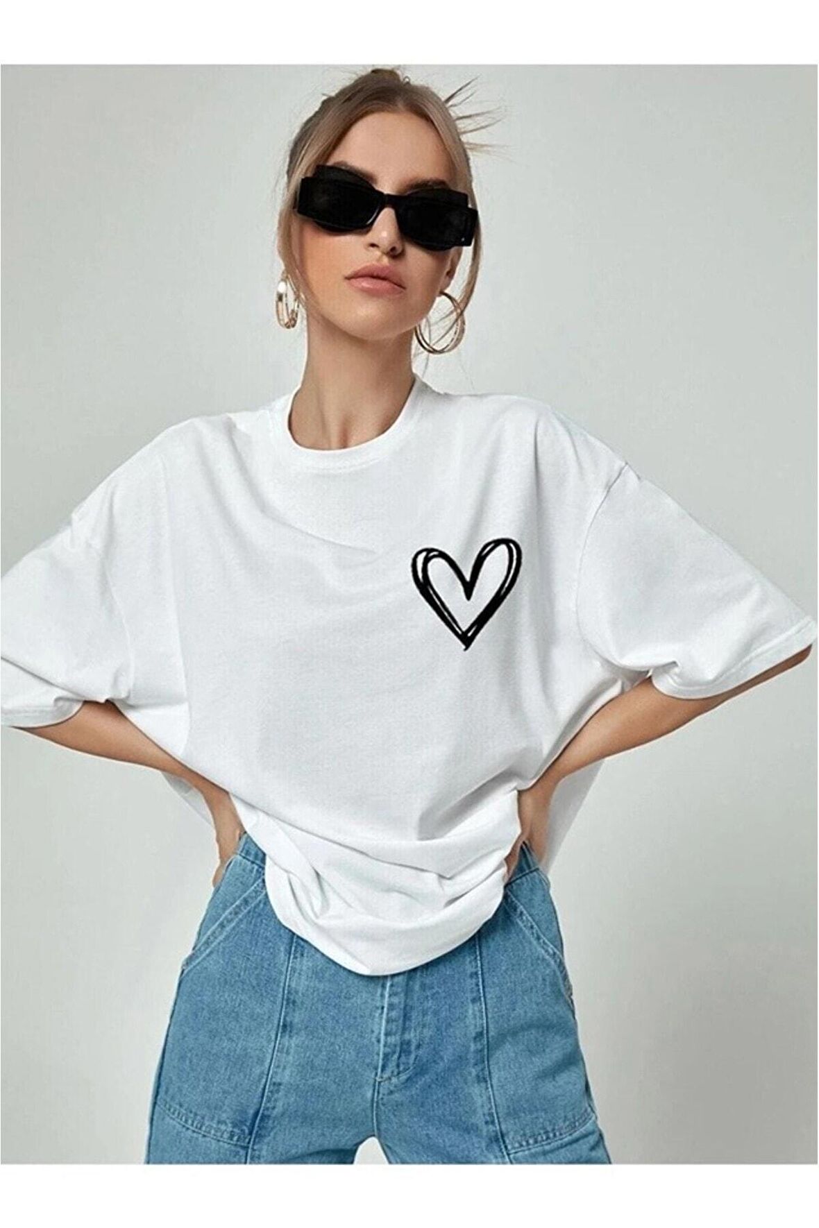 Unisex Oversize Bol Kesim Baskılı Bisiklet Yaka T-shirt