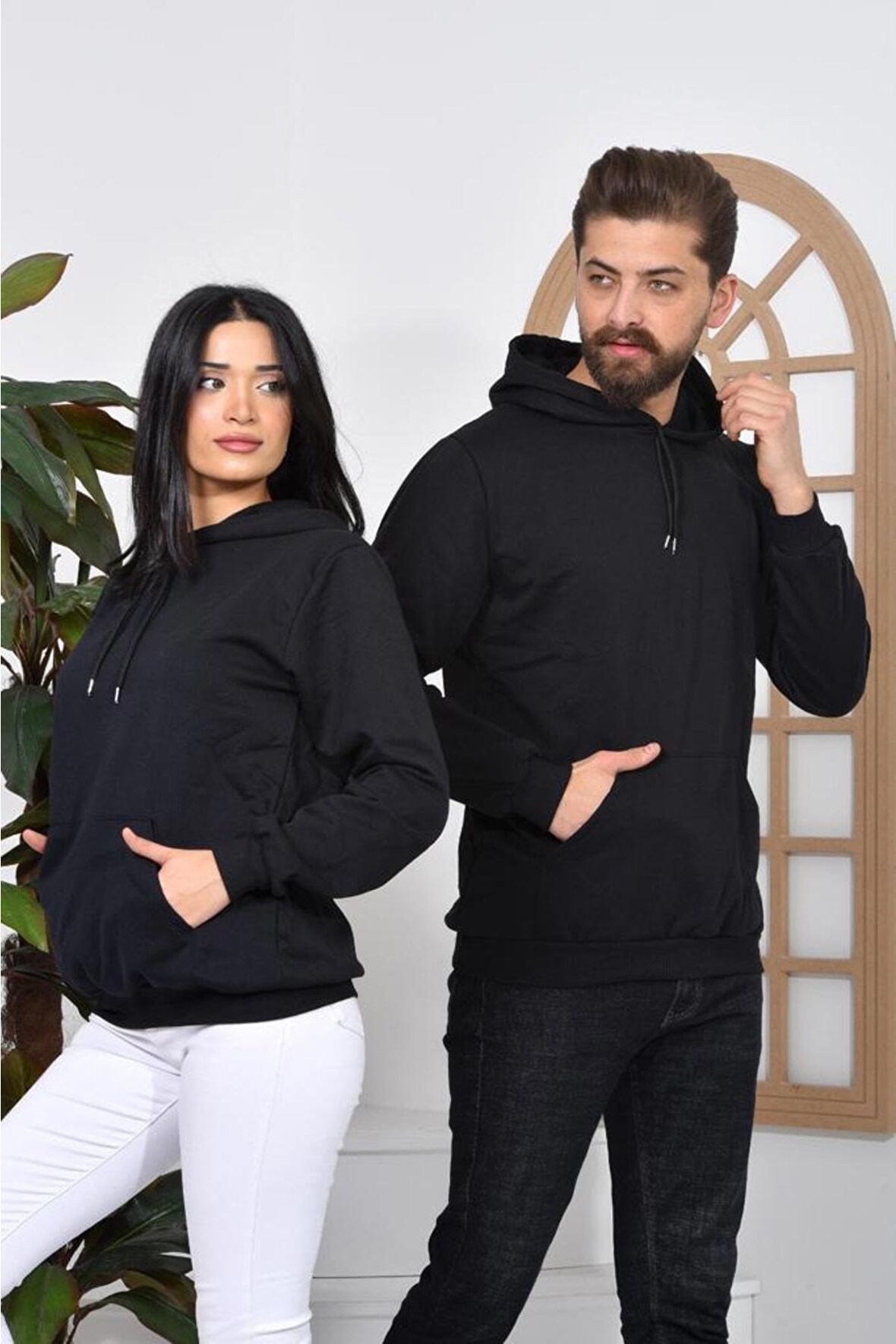 Unisex Şardonlu Kanguru Cepli Kapüşonlu Siyah Sweatshirt