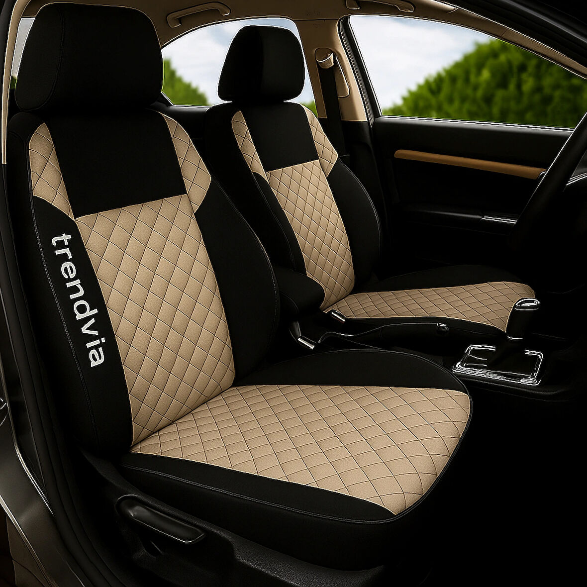 Bej Renkli Kapitone Penye Oto Kılıf Takımı | Ön Arka Koltuklar + Başlık Kılıfı